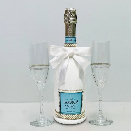 La Marca Prosecco And Flutes Adorned with Pearls & Ribbon La Marca Prosecco And Flutes Adorned with Pearls & Ribbon